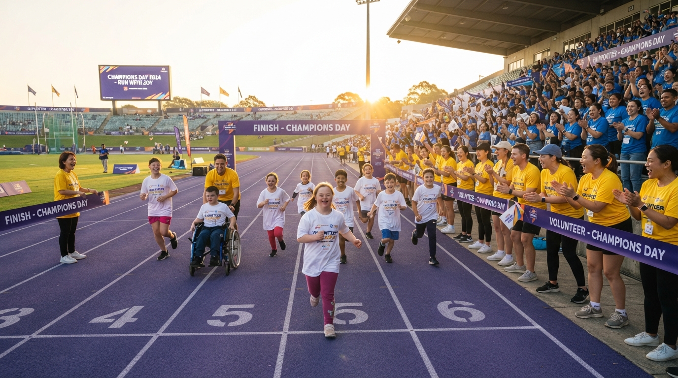 Young athletes and volunteers celebrating at the Kiwanis Special Games
